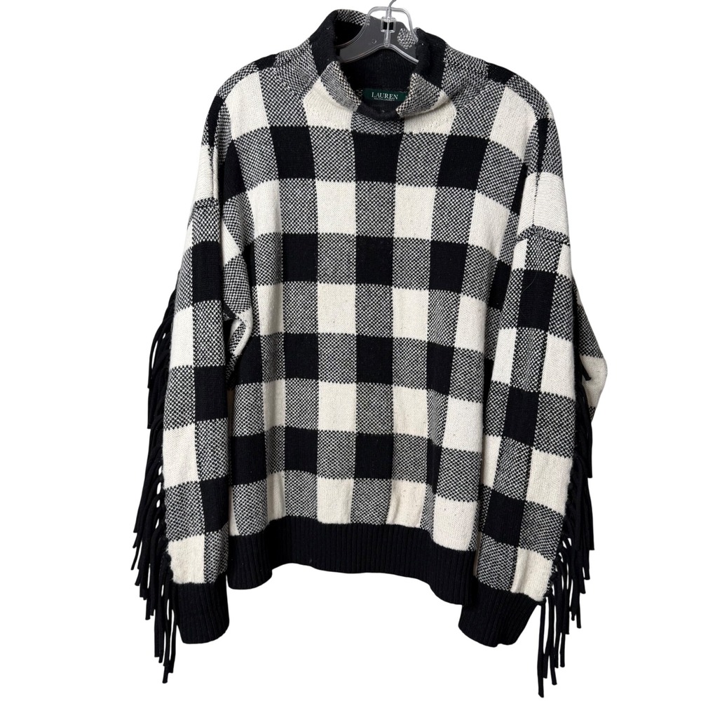 Lauren Ralph Lauren Sweater Womens XL Black White Buffalo Plaid Fringe Western